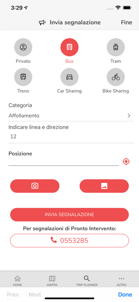 Interfaz móvil de la aplicación de movilidad de Florencia para enviar informes sobre problemas de transporte público como aglomeraciones de autobuses