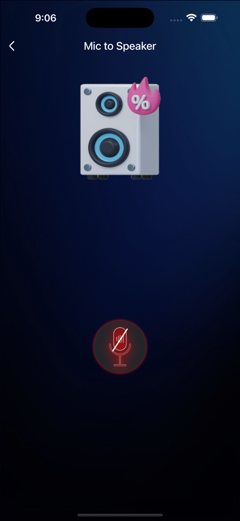 Interfaz de la función Micrófono a Altavoz en la aplicación Limpiador de Altavoces que muestra un icono de altavoz y un botón de micrófono silenciado.