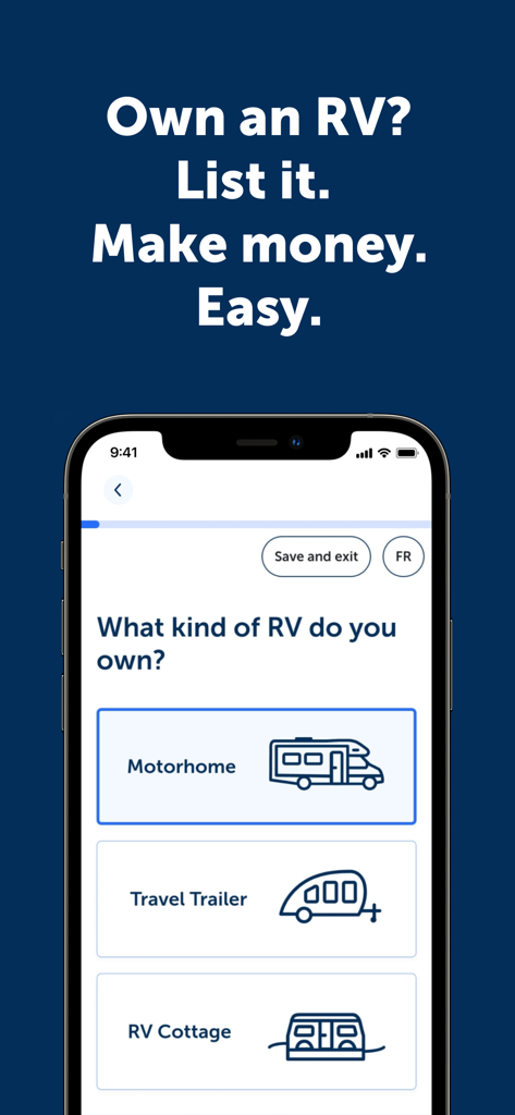 RVezy - RV & Trailer Rental - RVezy app interface for hosts to list their RV by selecting vehicle types like motorhome and travel trailer