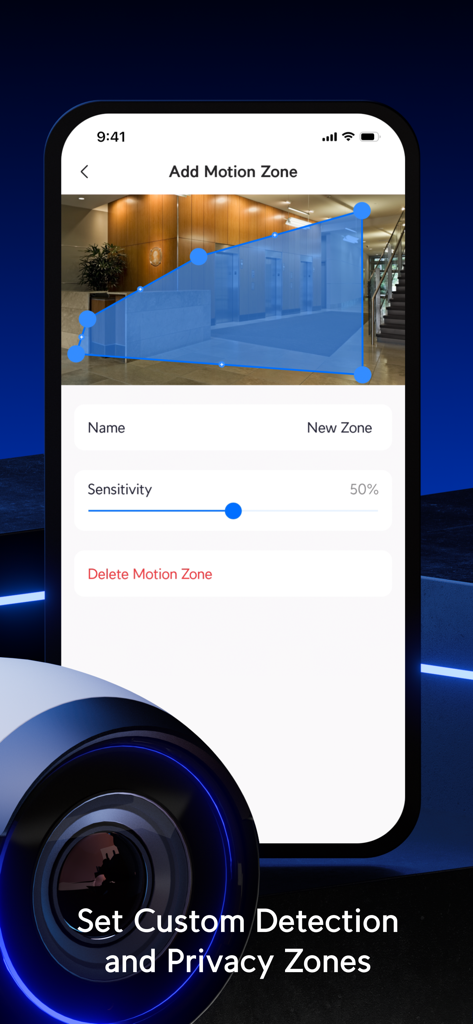 Interfaz de la aplicación UniFi Protect mostrando la configuración de una zona de detección de movimiento personalizada en la transmisión de una cámara con controles de sensibilidad