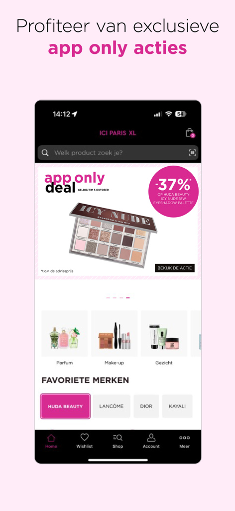Écran de l'application mobile ICI PARIS XL présentant une offre exclusive pour le maquillage Huda Beauty