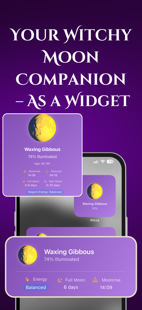 Wicca・Witchcraft Witch Spells - Display of moon phase widgets for the Wicca app showing lunar cycle and spiritual energy data