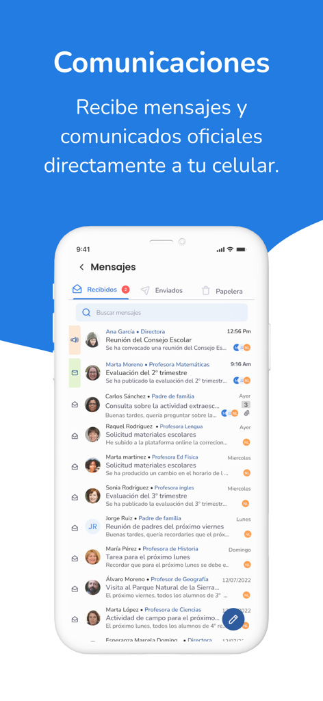 Colegium Families - Écran de la boîte de réception de l'application Colegium Families montrant les messages du personnel scolaire et des enseignants.