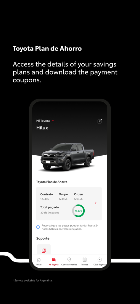 Mobile app interface showing Toyota savings plan contract details and payment progress for a Hilux truck
