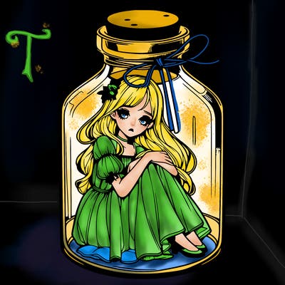beautiful realistic girl trapped in bottle