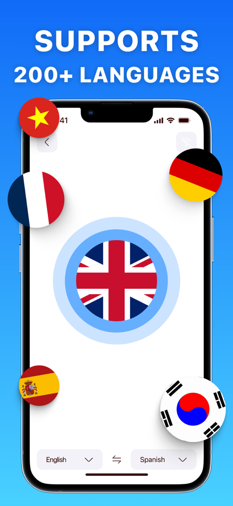 AI Translator・ Voice Translate - AI Translator app interface displaying various country flags and text indicating support for over 200 languages