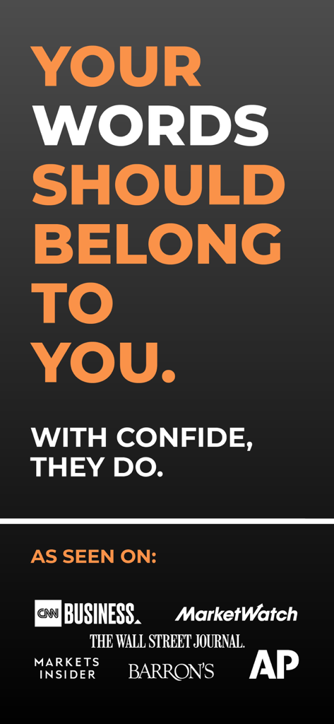 Confide - Private messenger - Confide app promotional screen showing its privacy slogan and media mentions from major news outlets like the Wall Street Journal and CNN Business