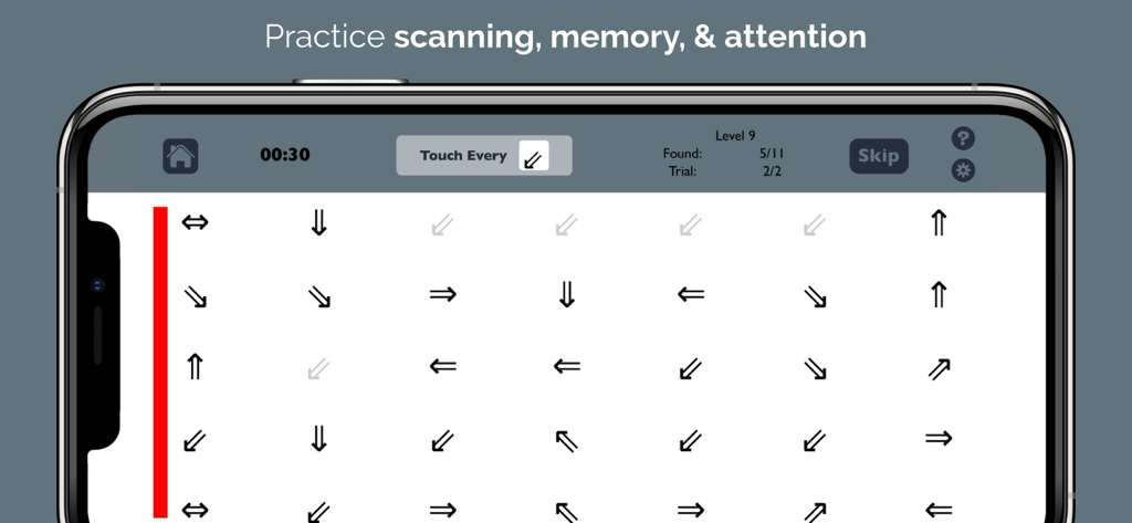 Interface of Visual Attention Therapy app showing a practice mode with arrow symbols and a red vertical signal bar on the left for scanning training.