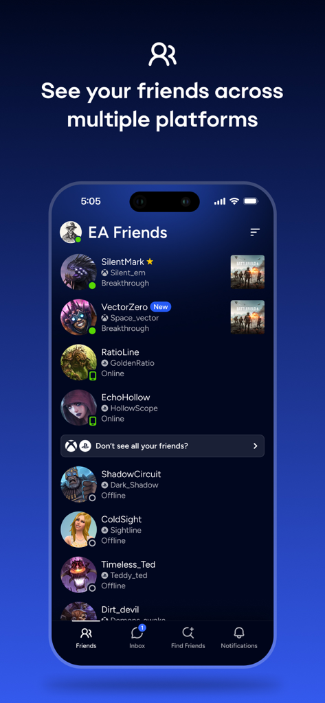 EA Connect - EA Connect app interface showing a list of friends across multiple gaming platforms