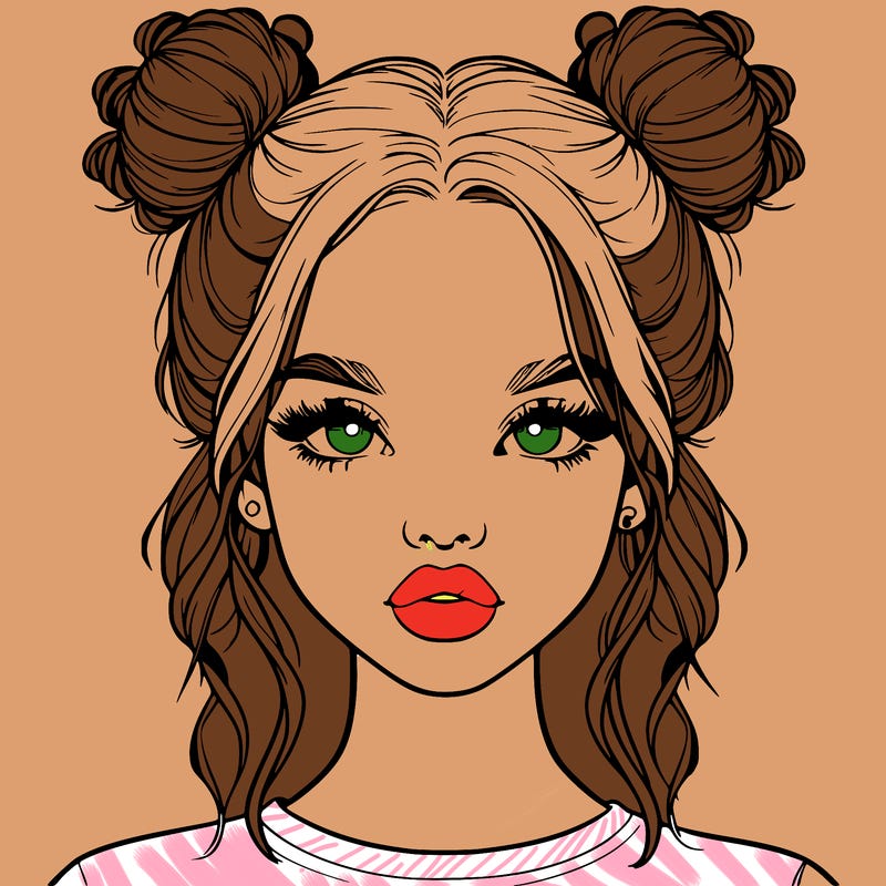 realistic girl with two buns in hair and lips