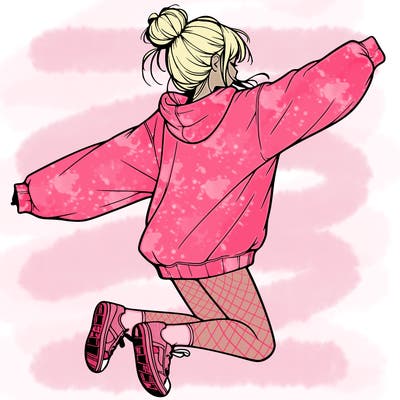 realistic girl jumping with a bun and oversized sweatshirt