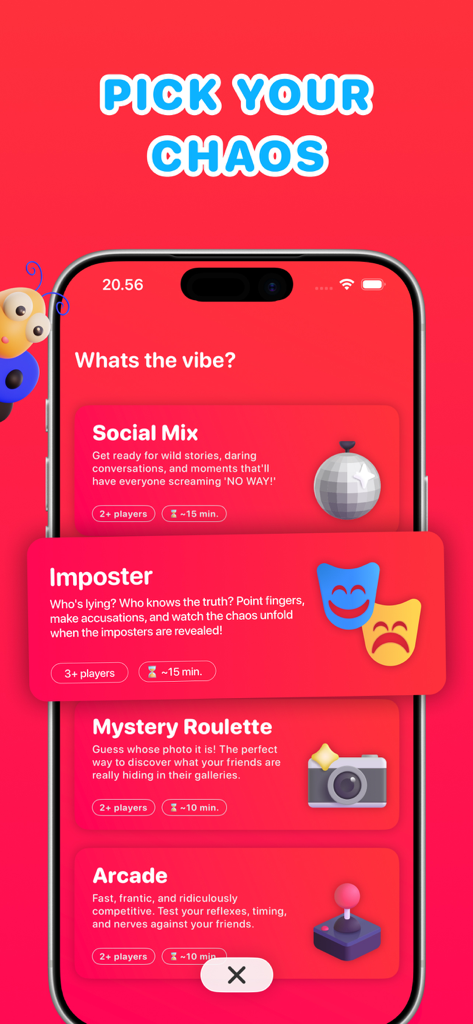 Goofer app screen showing a selection of party game modes like Social Mix and Imposter