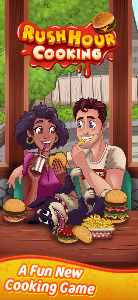 Real Money Cooking Skillz Game - Pareja de dibujos animados y su perro comiendo hamburguesas en la pantalla de inicio del juego móvil Rush Hour Cooking