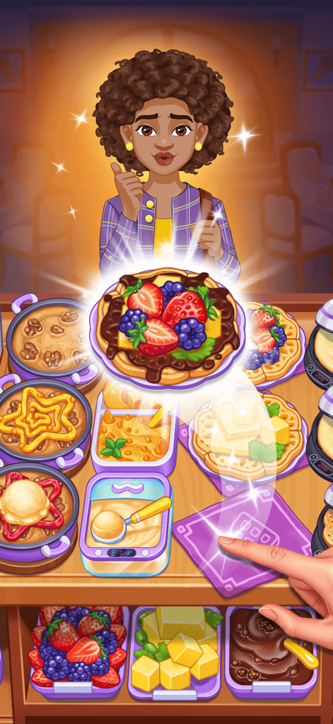 A happy customer giving a thumbs up while being served a colorful fruit topped waffle