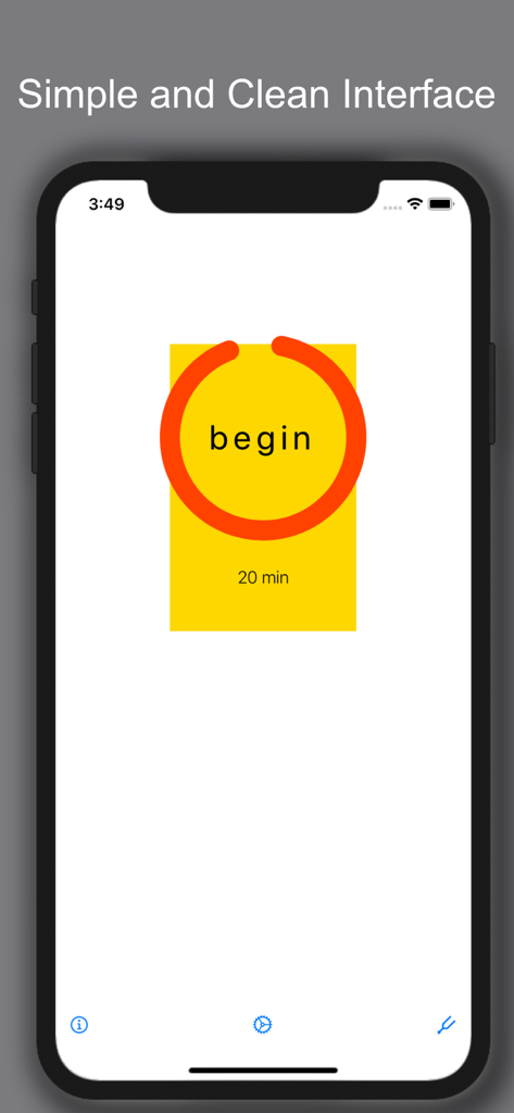Simple Sinus Zazen Timer - A simple and clean meditation timer interface with a begin button and a 20-minute setting for a Zazen session.
