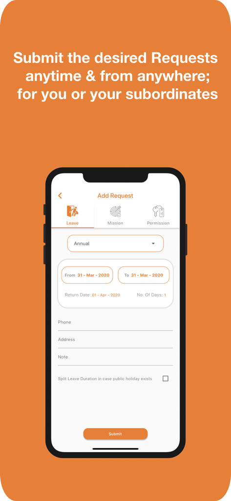 MAESTRO HCM - MAESTRO HCM mobile app interface for submitting an employee leave request