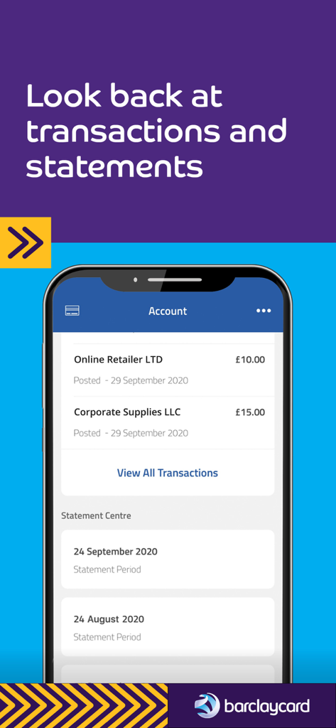 Barclaycard for Business - Interfaz de la aplicación Barclaycard for Business mostrando transacciones recientes y un centro de extractos.