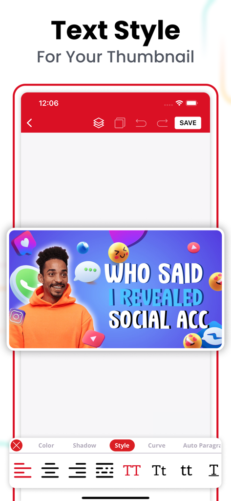 Thumbnail Maker, Banner Maker - Thumbnail Maker app interface showing text style editing tools for a YouTube thumbnail
