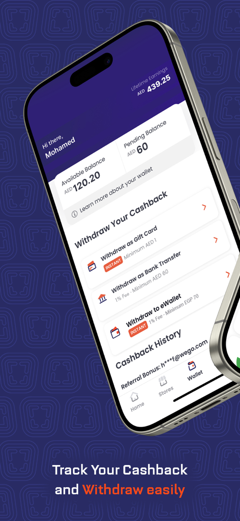 Interfaz de la aplicación móvil ShopCash mostrando el saldo de cashback y varias opciones de retiro como tarjetas de regalo y transferencias bancarias.