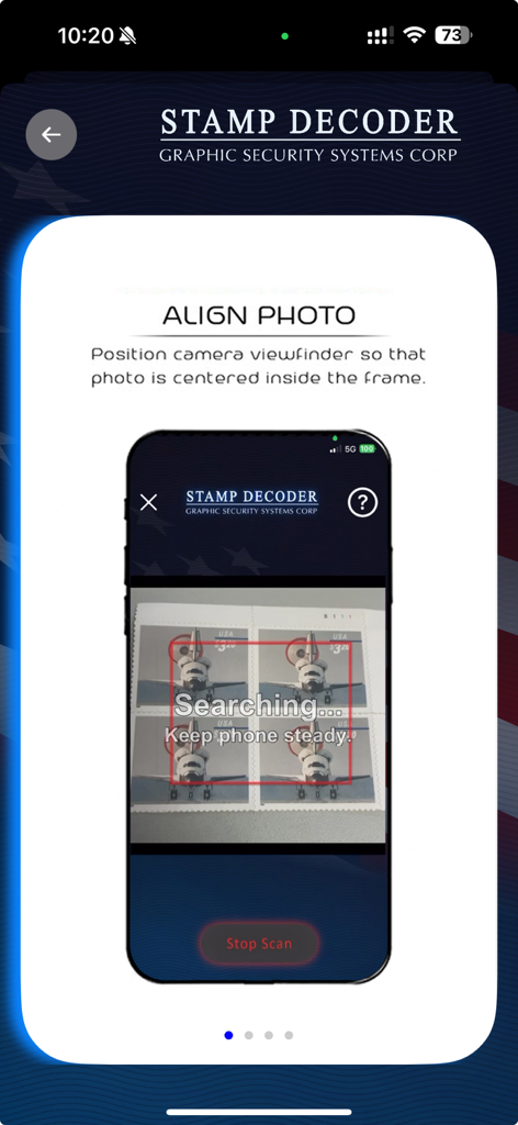 Digital Stamp Decoder - La interfaz de la aplicación Decodificador Digital de Sellos que muestra instrucciones para alinear y escanear sellos Shuttle del USPS.