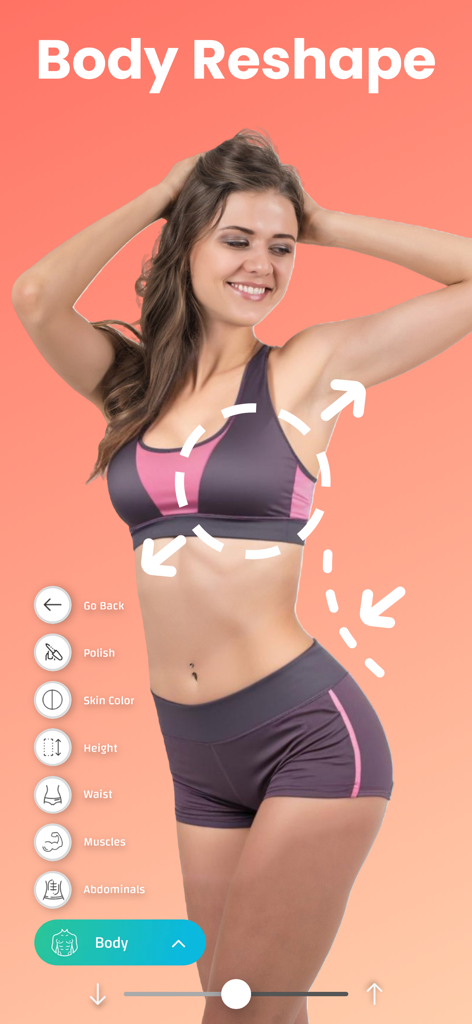 Body Editor. - A mobile interface for a body editor app showing body reshaping tools on a female model wearing sports clothes.