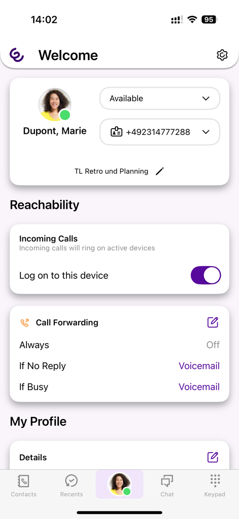 Swyx Mobile App-Bildschirm, der den Benutzerprofilstatus und die Anrufweiterleitungseinstellungen anzeigt