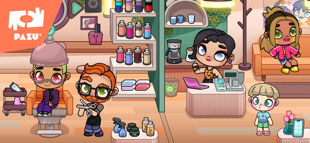 Gameplay screenshot of Avatar World showing characters interacting in a hair salon and a cafe