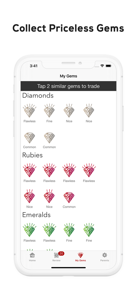 Bible Memory Kids - Bible Memory Kids reward system screen displaying a collection of earned gems like diamonds and rubies