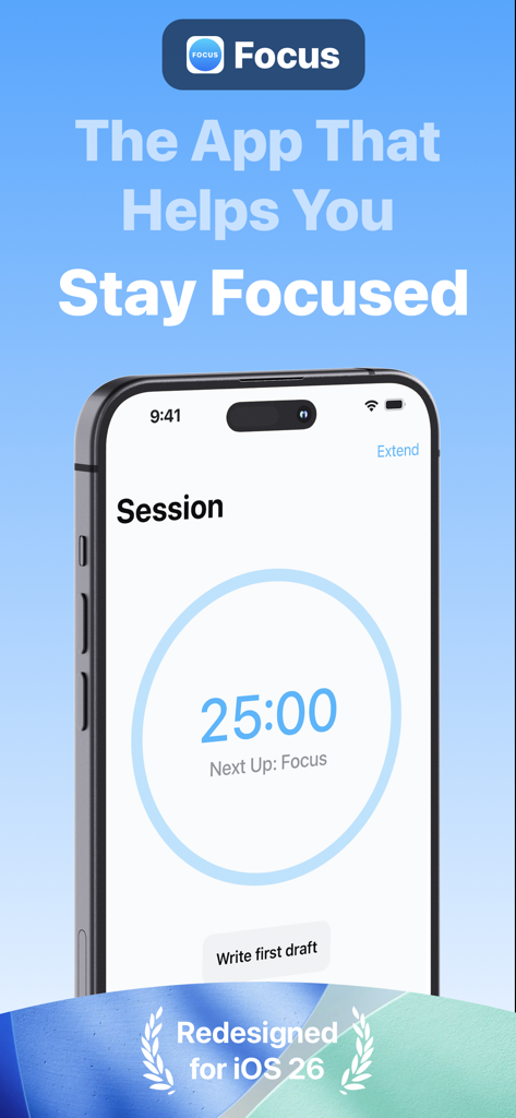 Focus - Timer for Productivity - Focus app interface displaying a 25 minute productivity timer on an iPhone screen