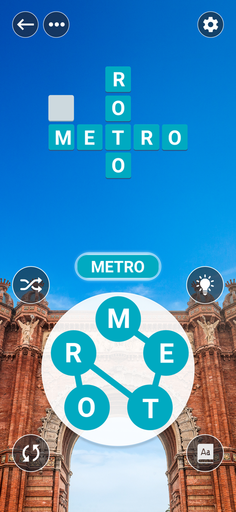 Jugabilidad de crucigrama en español con fondo de ciudad