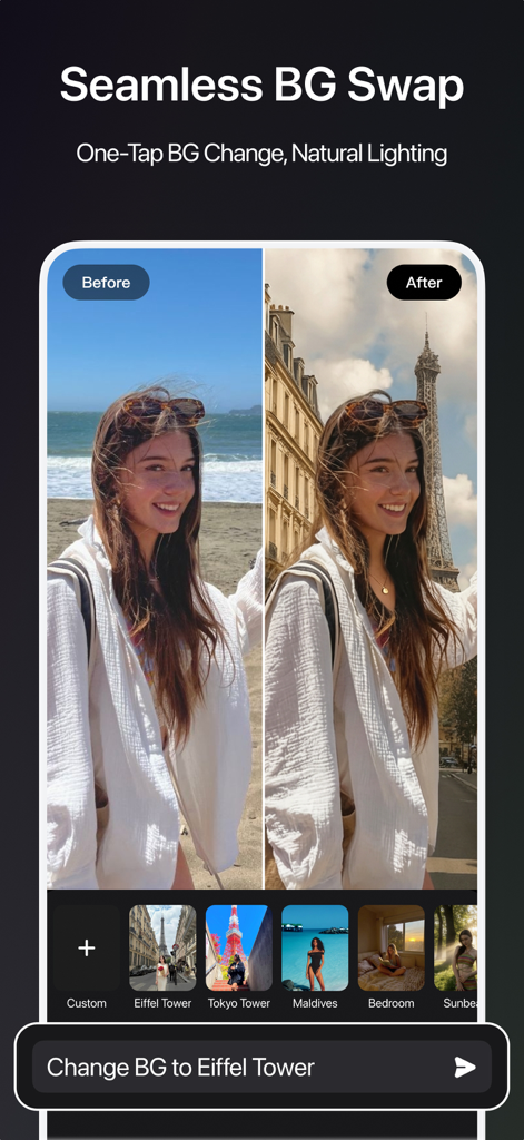 Before and after comparison of a photo background swap to the Eiffel Tower using PicWiz AI.