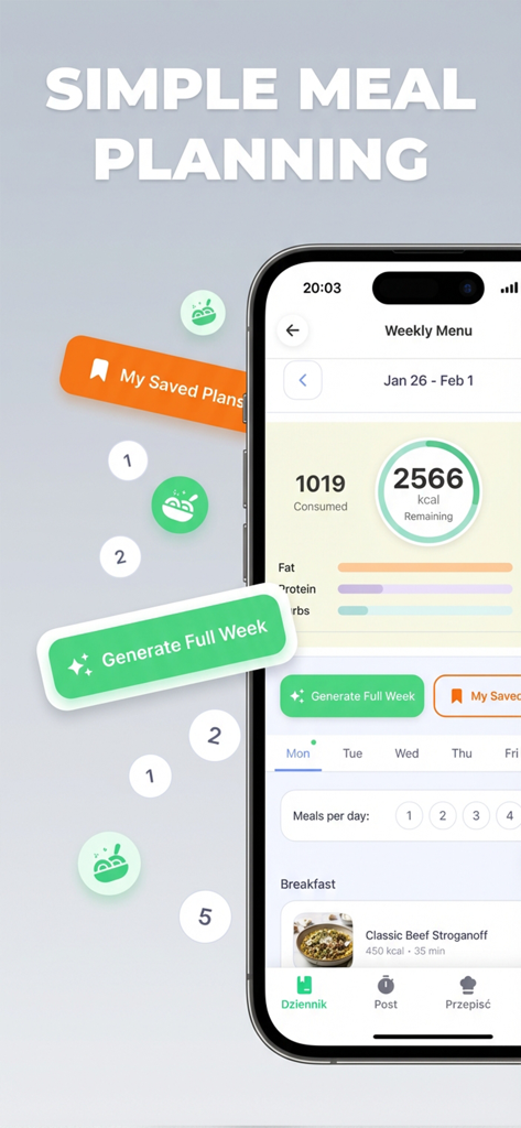 QiMeal - QiMeal App-Oberfläche mit einem Wochenplan für Mahlzeiten, Kalorien- und Nährwertverfolgung