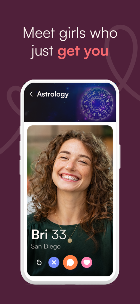 Spicy: Lesbian Dating Chat - A woman's profile on the Spicy lesbian dating app featuring an astrology interest section and swipe interface.