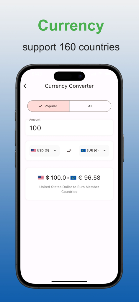Calculator Box:All-in-one clac - Currency converter interface in the Calculator Box app showing USD to Euro conversion