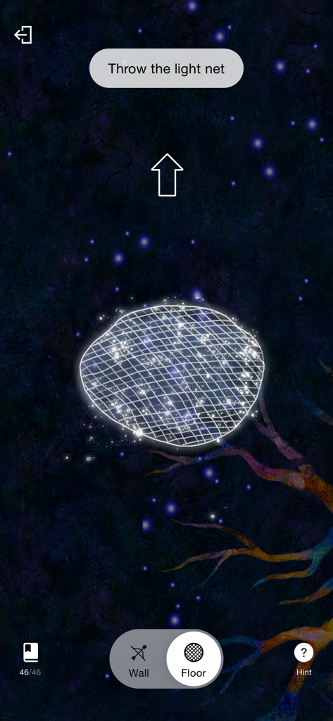 Mobile app interface showing a glowing light net used to catch digital animals in a dark forest setting.