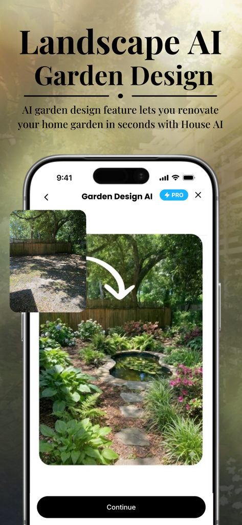 House AI - Interior Design Pro - A smartphone screen showing the House AI app Garden Design AI feature with a photorealistic before and after garden transformation.