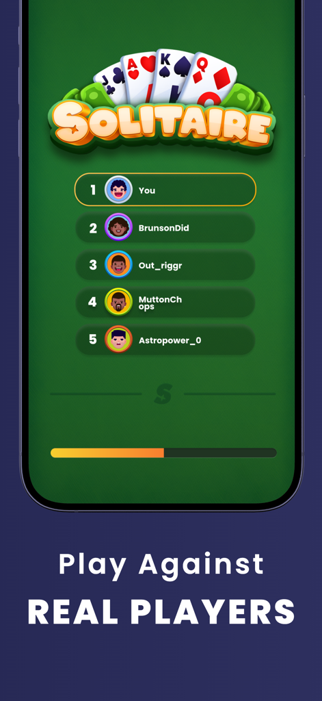 Solitaire leaderboard in the Spark Win Cash app showing a player ranking first against other real competitors