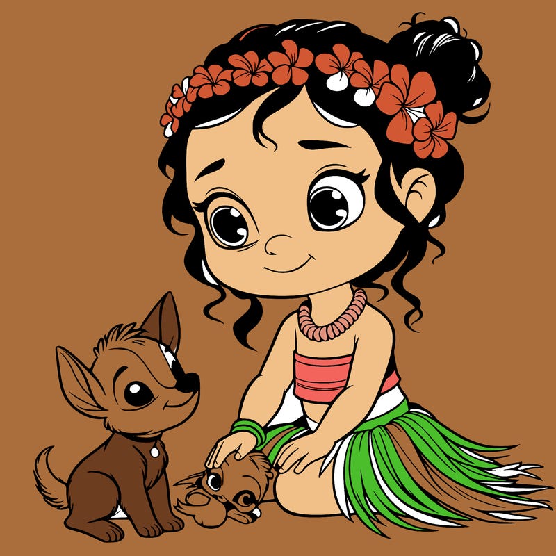 a litte hawain girl with a small animal by her side realistic