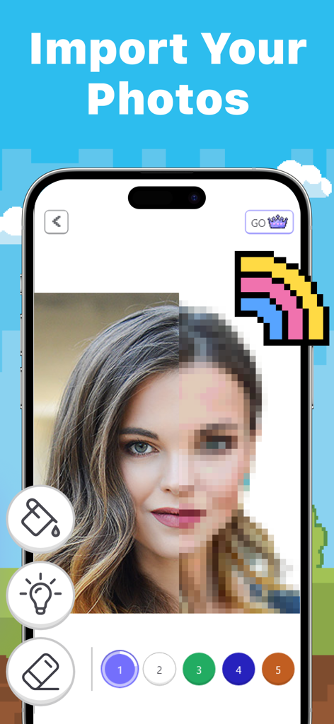 Color by Number AI app interface showing a portrait photo being converted into pixel art for coloring