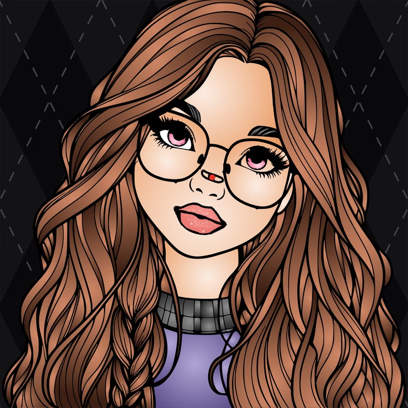 girl with long hair and freckles and glasses realistic