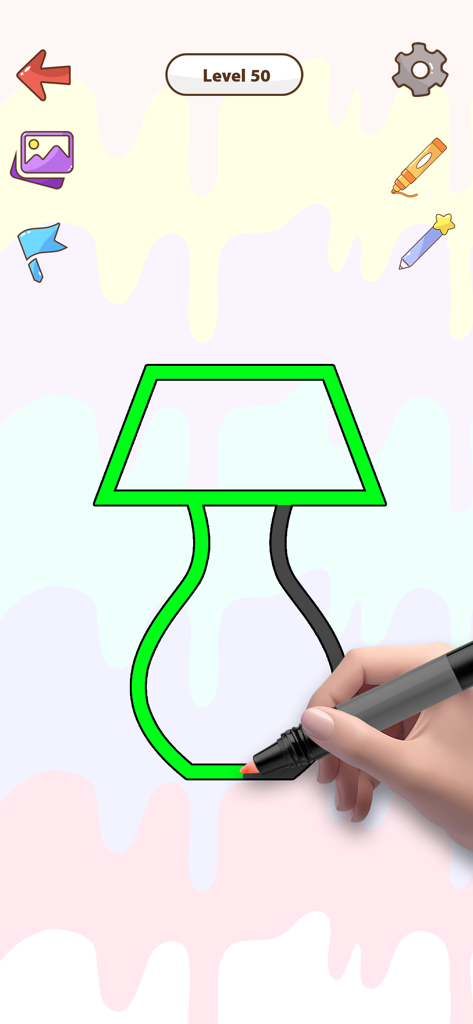 One Line Drawing:Draw It Games - Una mano dibujando la forma de una lámpara con una sola línea verde en el juego de puzzle One Line Drawing