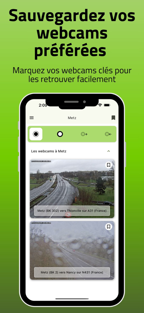 Interface de l'application mobile montrant les webcams de trafic en direct pour les autoroutes de Metz avec une fonction de favoris pour enregistrer les préférées.