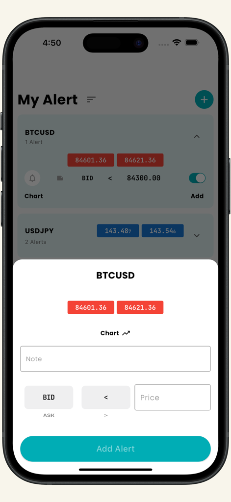 Interface para configurar um alerta de preço de Bitcoin no aplicativo Alerta de Preço Forex