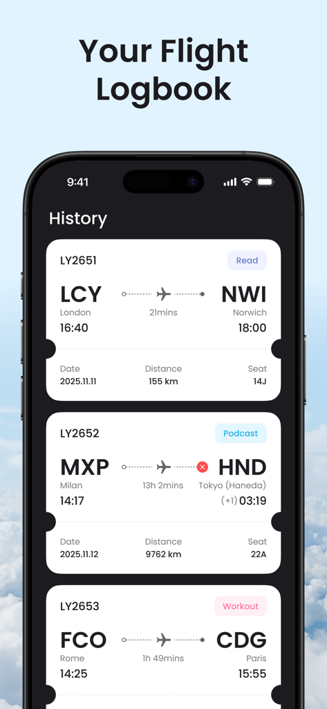 FocusTok: Deep Focus Timer - FocusTok app flight logbook screen showing past productivity sessions styled as airline boarding passes.