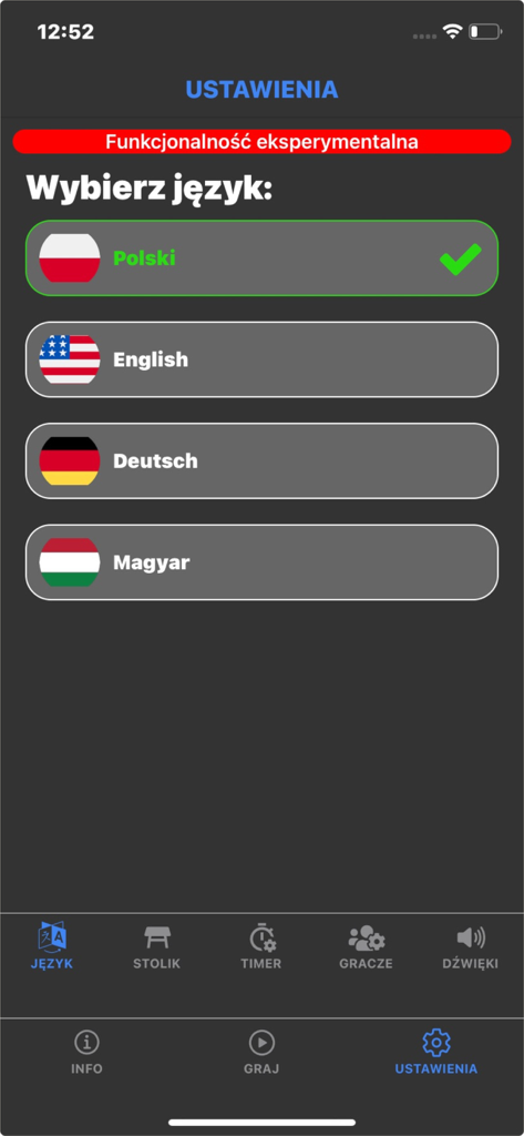 TTL PRO Timer App - Bildschirm zur Sprachauswahl im Einstellungsmenü der TTL PRO Timer App