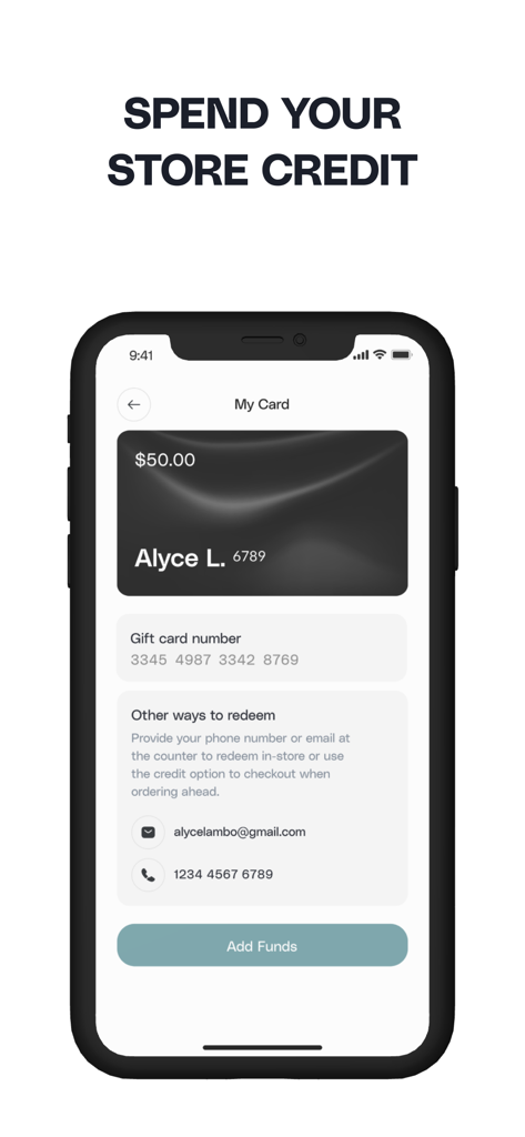 Ethereal Cafe - Ethereal Cafe app screen showing store credit balance and digital gift card for easy redemption