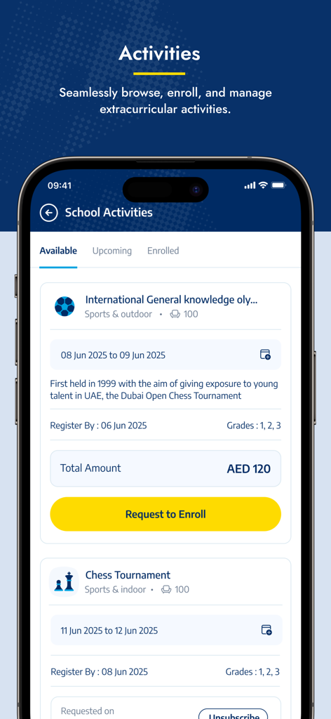 GEMS Connect mobile app screen for browsing and enrolling in school extracurricular activities like chess tournaments and olympiads.