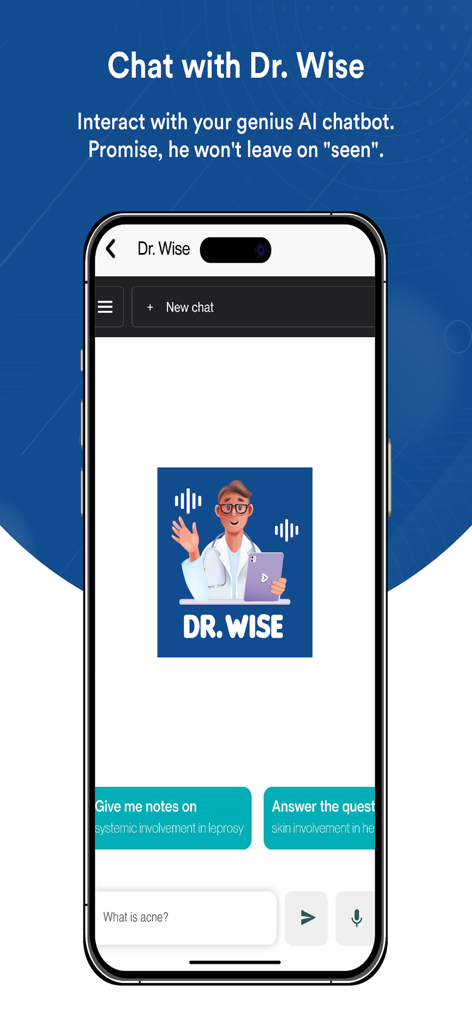 Dr.Wise - Dr Wise medical AI chatbot interface showing chat screen with medical study prompts