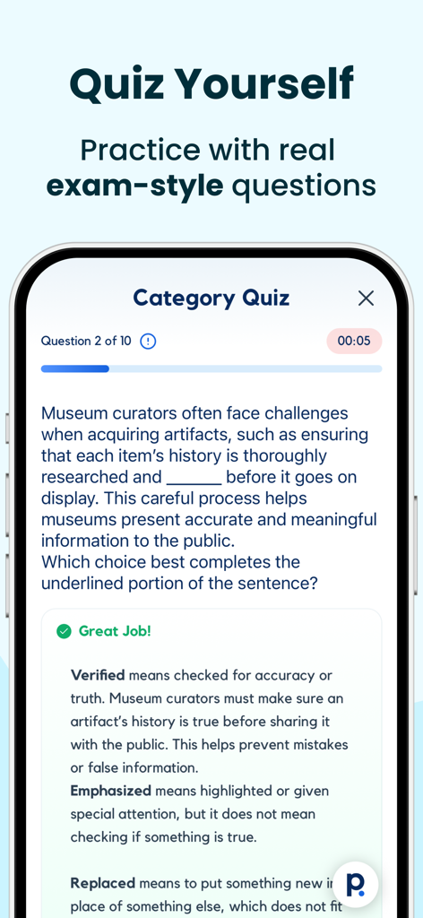 Interface do aplicativo SAT Exam Prep 2026 mostrando uma questão de quiz prático com explicações detalhadas da resposta