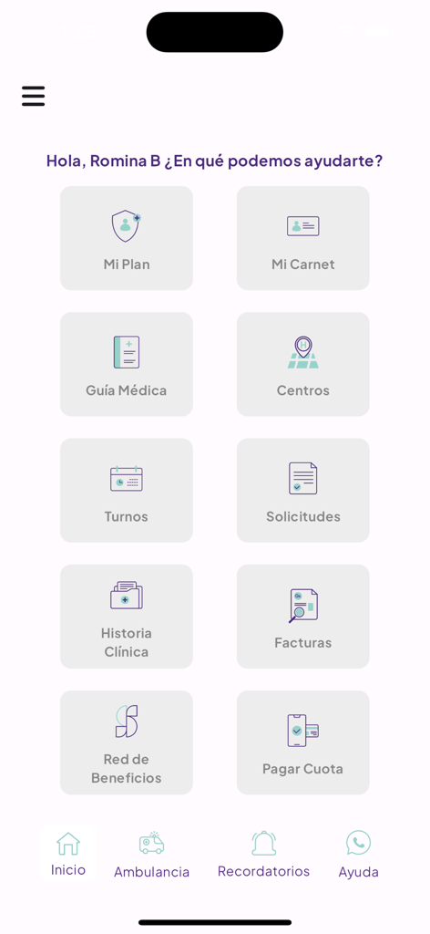 Santa Clara Medicina Prepaga - Panel de la aplicación Santa Clara Medicina Prepaga con iconos de servicios médicos.